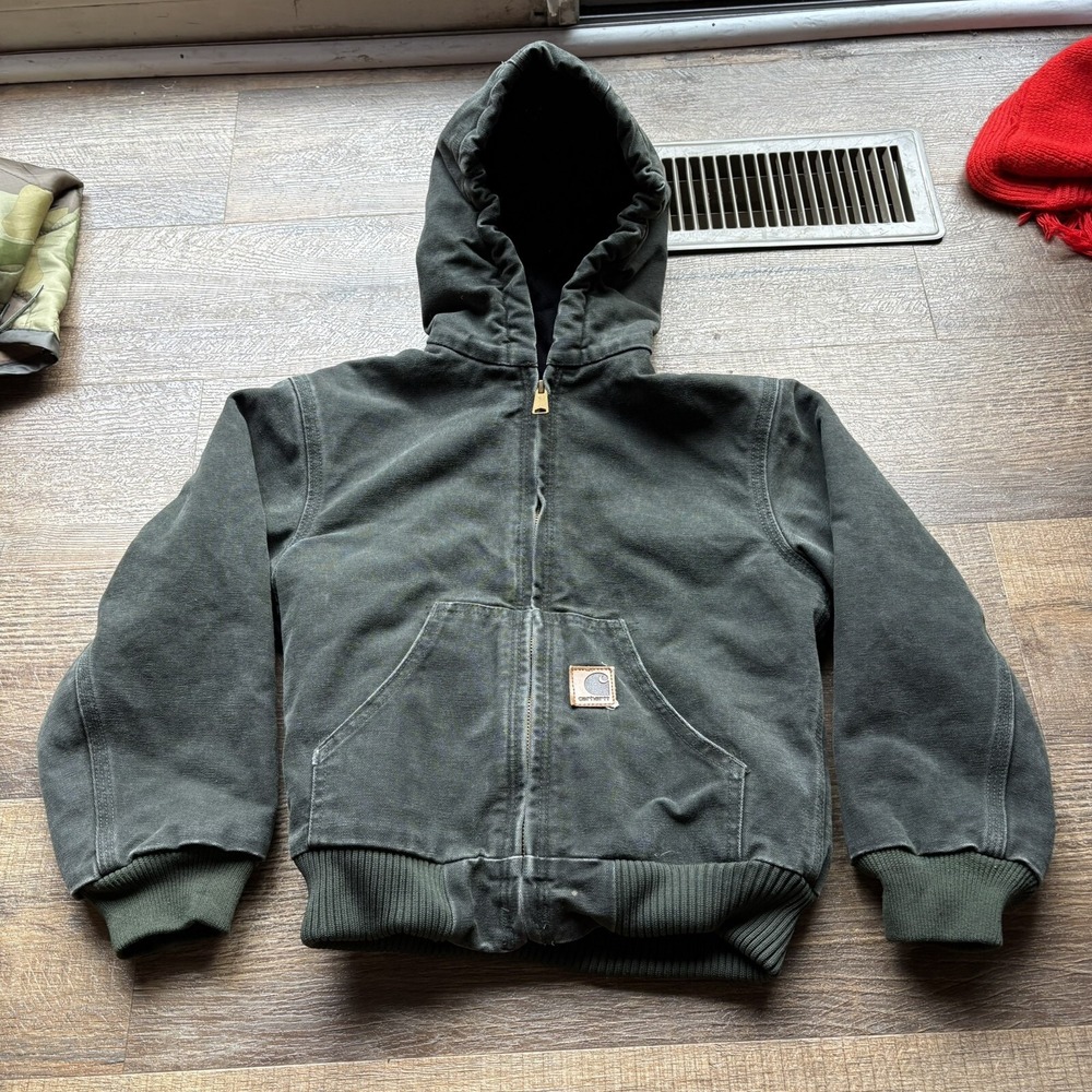 CARHARTT Sandstone Jacket Quilt Lined Hood Youth Medium (8) YYJ130 MOS Green